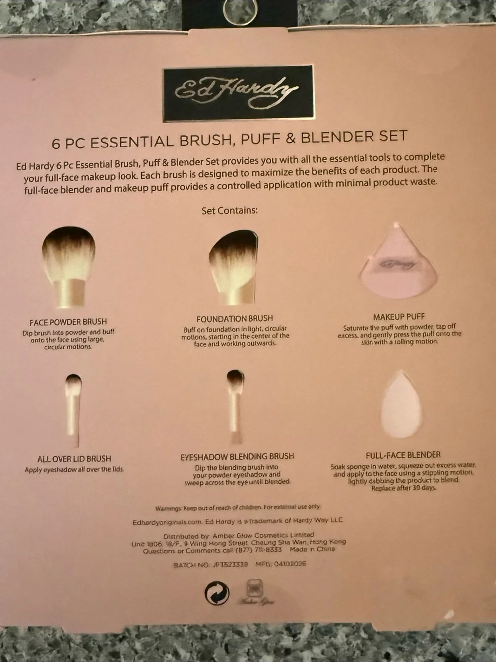 Ed Hardy Pink & Gold 6-Piece Makeup Brush, Puff & Blender Set